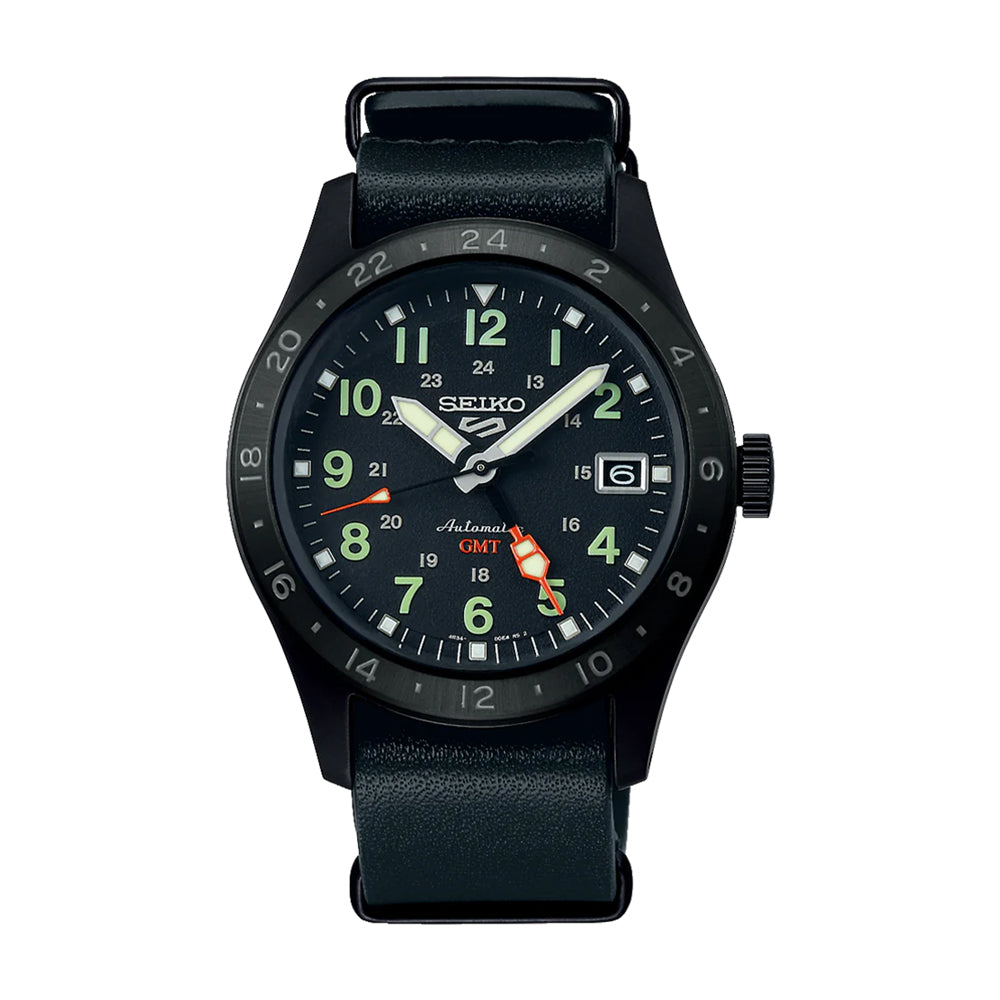 Seiko 5 Sports Automatic GMT Field Series Black Calfskin Strap Watch ...