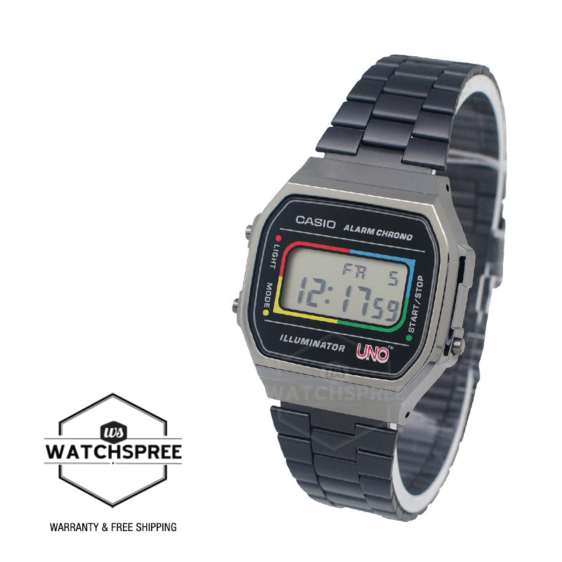 Casio Digital Vintage UNOƒ?½ Collaboration Model Black Ion Plated Stainless Steel Band Watch A168WEUC-1A