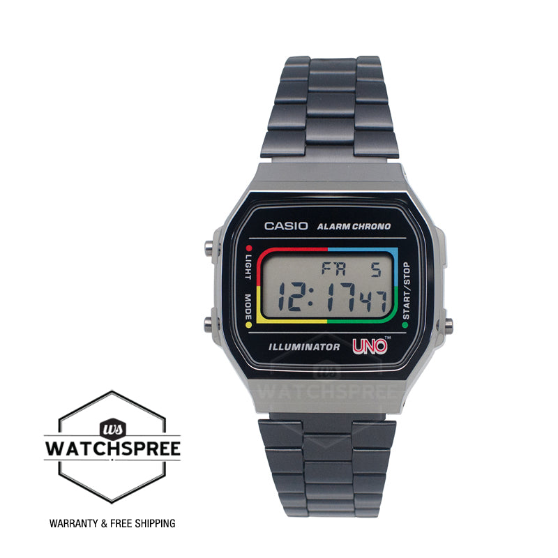 Casio Digital Vintage UNOƒ?½ Collaboration Model Black Ion Plated Stainless Steel Band Watch A168WEUC-1A