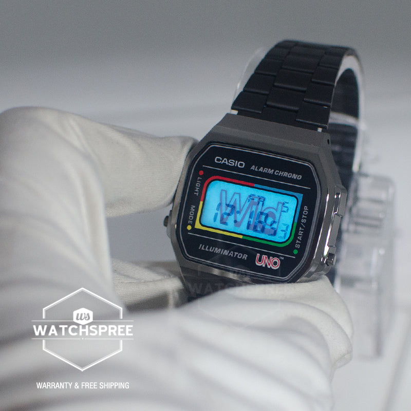 Casio Digital Vintage UNOƒ?½ Collaboration Model Black Ion Plated Stainless Steel Band Watch A168WEUC-1A