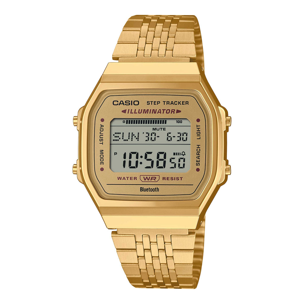 Casio Digital Vintage Style Bluetooth© Step Tracker Gold Ion Plated Stainless Steel Band Watch ABL100WEG-9A ABL-100WEG-9A