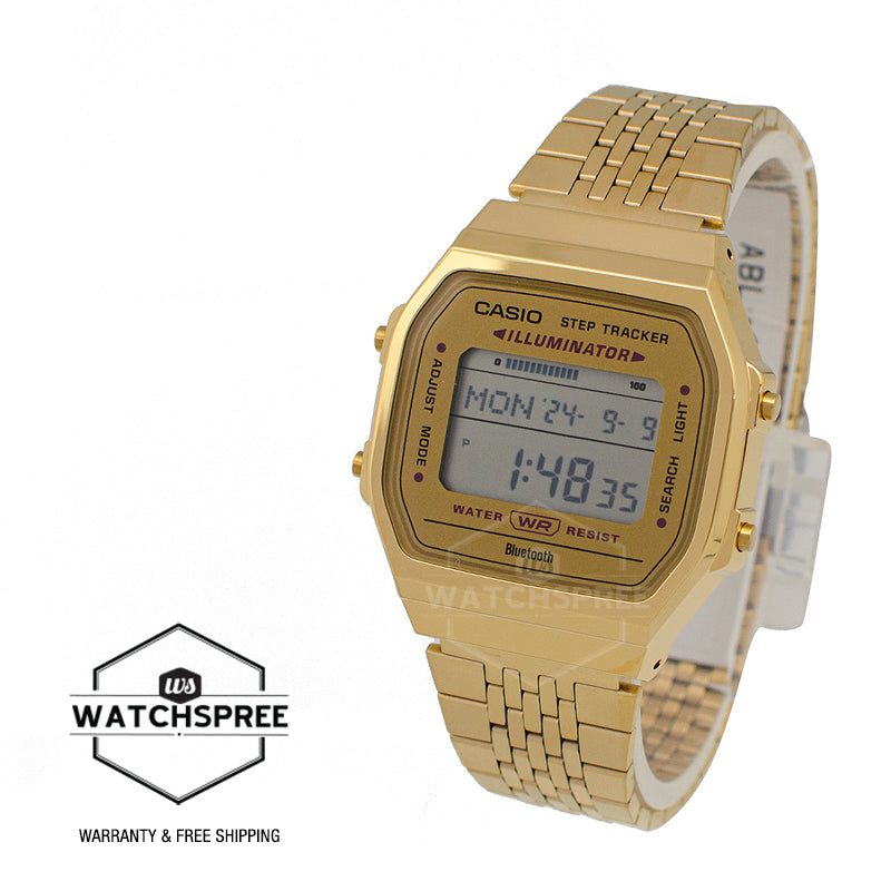 Casio Digital Vintage Style Bluetoothô÷ Step Tracker Gold Ion Plated Stainless Steel Band Watch ABL100WEG-9A ABL-100WEG-9A