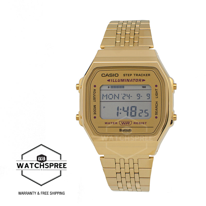 Casio Digital Vintage Style Bluetoothô÷ Step Tracker Gold Ion Plated Stainless Steel Band Watch ABL100WEG-9A ABL-100WEG-9A