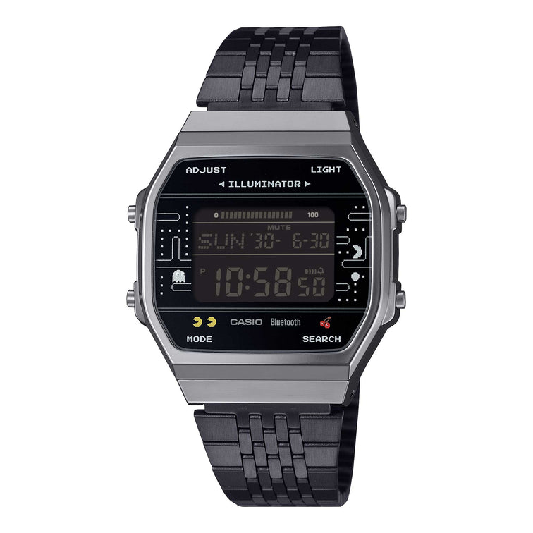 Casio Digital Vintage Style PAC-MAN Collaboration Model Bluetooth© Dual Time Step Tracker Black Ion Plated S.Steel Band Watch ABL100WEPC-1B ABL-100WEPC-1B