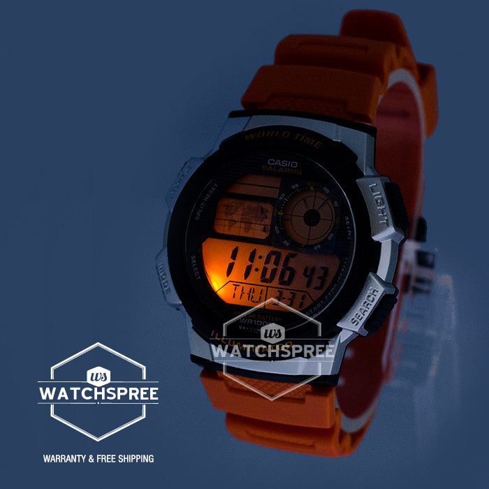 Casio Standard Digital Sporty Design Orange Resin Band Watch AE1000W-4B