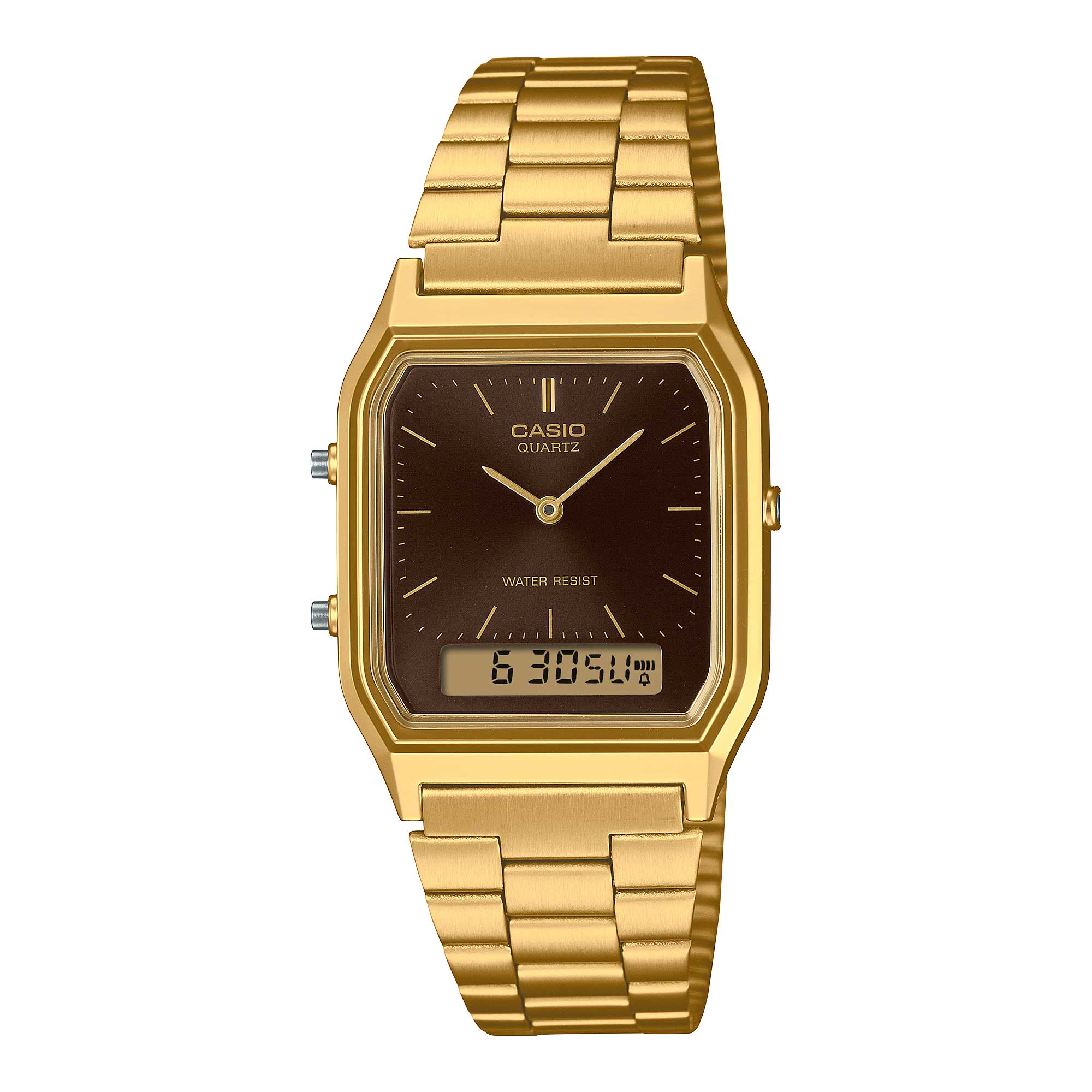 Casio Analog-Digital Vintage Style Dual Time Gold Ion Plated Stainless Steel Band Watch AQ230GA-5A AQ-230GA-5A