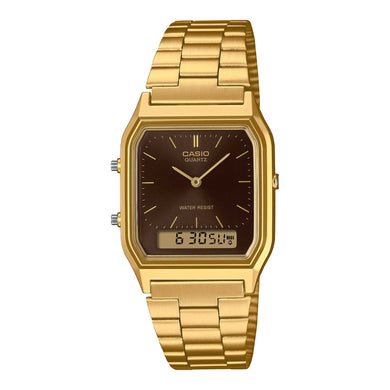 Casio Analog-Digital Vintage Style Dual Time Gold Ion Plated Stainless Steel Band Watch AQ230GA-5A AQ-230GA-5A