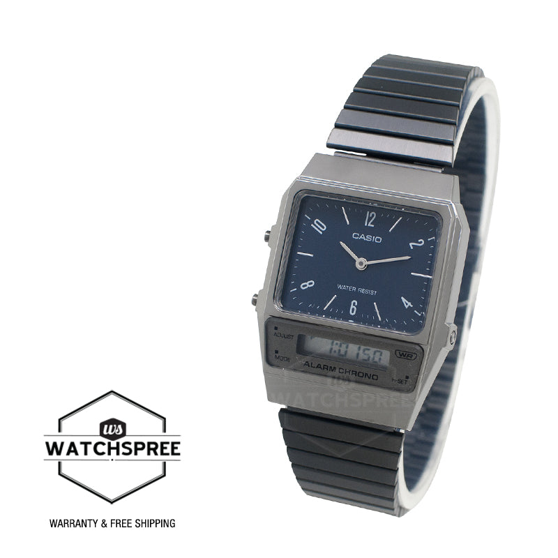 Casio Vintage Style Analog-Digital Dual Time Grey Ion Plated Stainless Steel Band Watch AQ800EB-2A AQ-800EB-2A