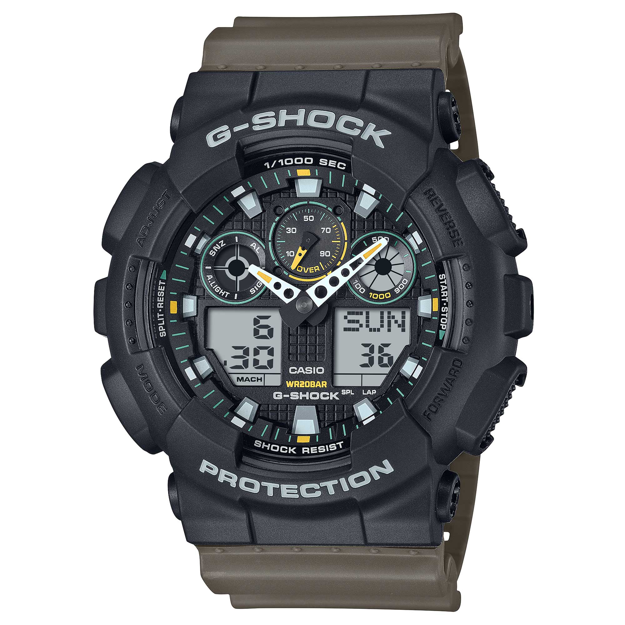 Casio G-Shock GA-100 Lineup Two-Tone Utility Series Olive Green Resin Band Watch GA100TU-1A3 GA-100TU-1A3