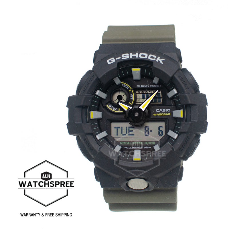 Casio G-Shock GA-700 Lineup Two-Tone Utility Series Olive Green Resin Band Watch GA710TU-1A3 GA-710TU-1A3