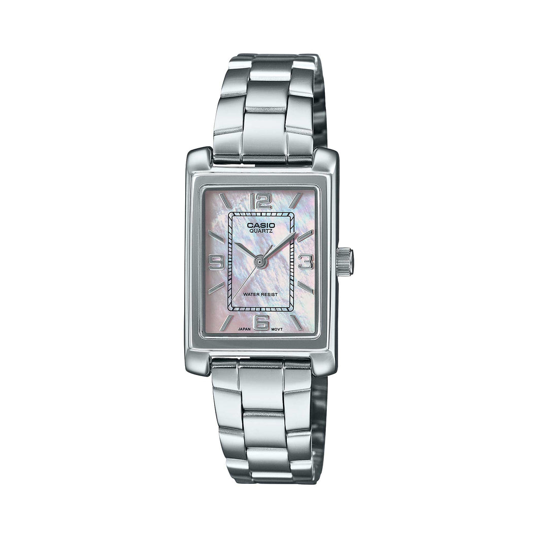 Casio Ladies' Analog Rectangular Mother of Pearl Dial Stainless Steel Band Watch LTP1234DS-4A LTP-1234DS-4A