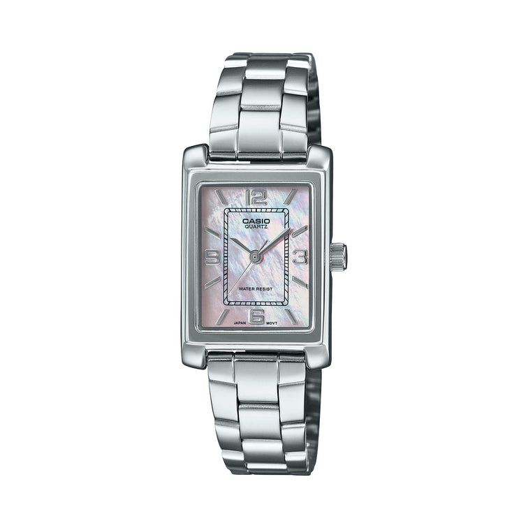 Casio Ladies' Analog Rectangular Mother of Pearl Dial Stainless Steel Band Watch LTP1234DS-4A LTP-1234DS-4A