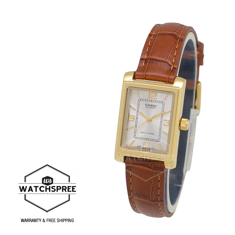 Casio Ladies' Analog Rectangular Dial Brown Leather Strap Watch LTP1234GLL-7A LTP-1234GLL-7A