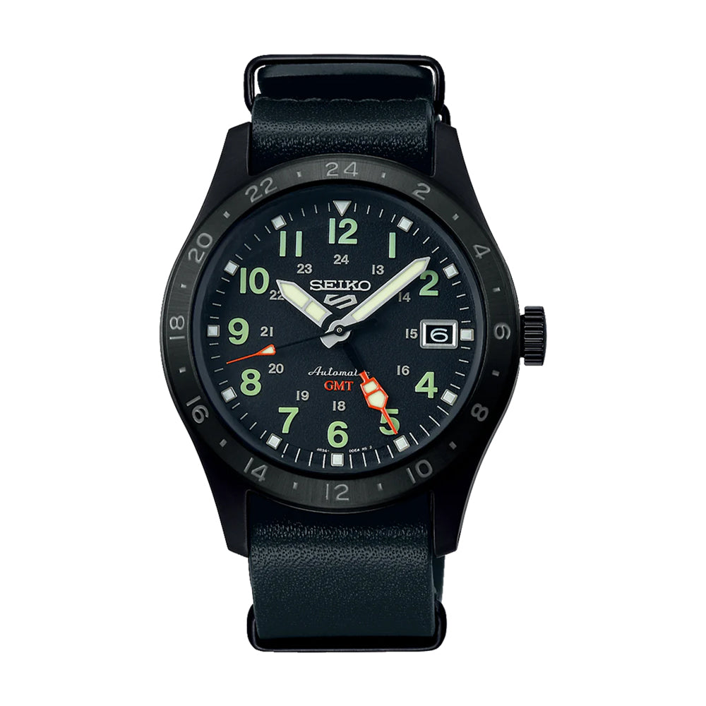 Seiko 5 Sports Automatic GMT Field Series Black Calfskin Strap Watch SSK025K1 