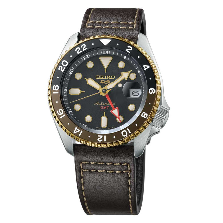 Seiko 5 Sports Automatic GMT SKX Sports Style Brown Calfskin Leather Strap Watch SSK036K1