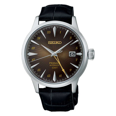 Seiko Presage (Japan Made) Automatic GMT Cocktail Time Black Calf Leather Strap Watch SSK039J1