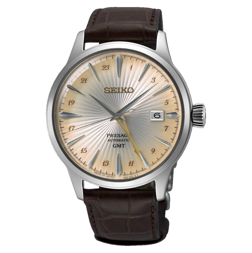 Seiko Presage (Japan Made) Automatic GMT Cocktail Time Dark Brown Calf Leather Strap Watch SSK041J1