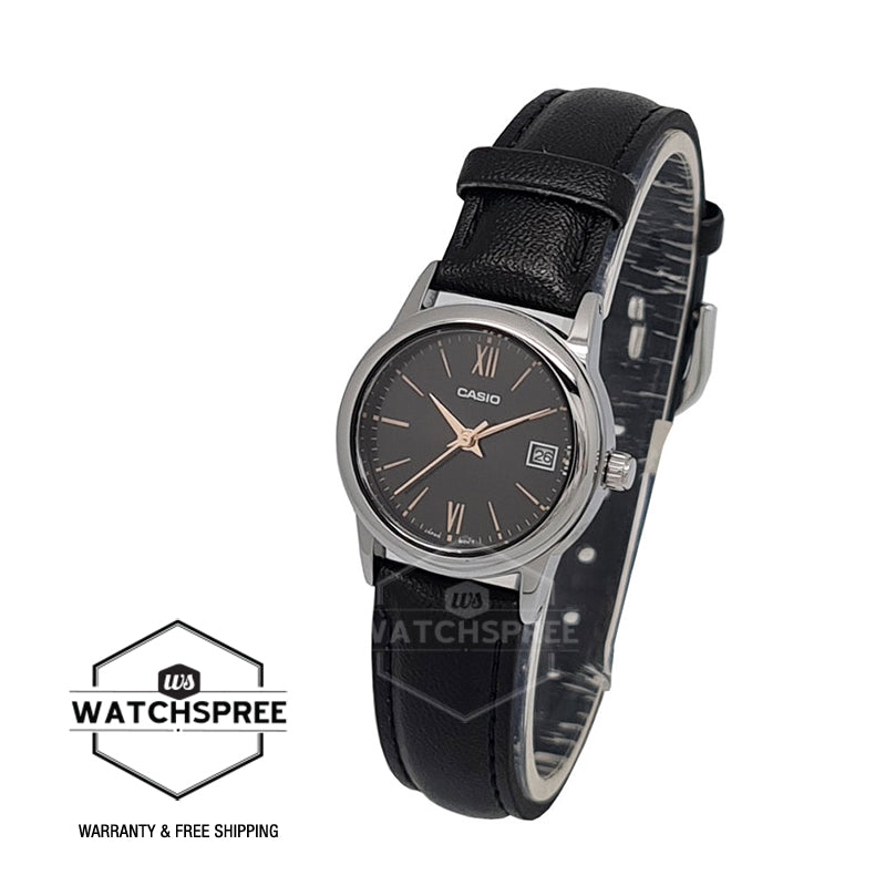 Casio Ladies' Standard Analog Black Leather Strap Watch LTPV002L-1B3 LTP-V002L-1B3 Watchspree